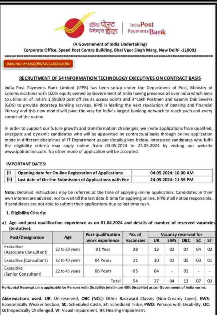 Indian Post Payment Bank Recruitment 2024(IPPB)